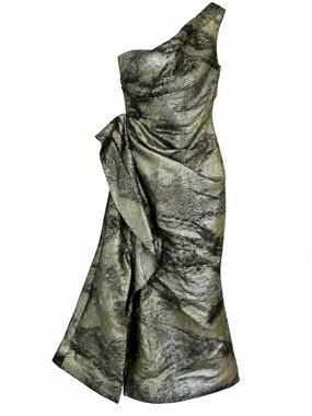 Rickie Freeman for Teri John Metallic Watercolor Jacquard One-Shoulder Gown